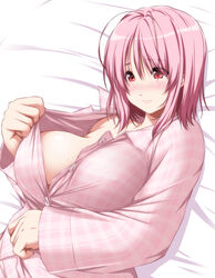  bad_id bad_twitter_id bed_sheet blush breasts commentary female hair_between_eyes highres large_breasts long_sleeves looking_at_viewer lying nori_tamago nose_blush on_back pajamas partially_unbuttoned pink_hair pink_pajamas plaid plaid_pajamas red_eyes saigyouji_yuyuko shadow short_hair solo sweat touhou upper_body 