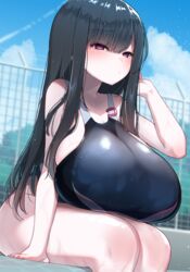  absurdres akitokage black_hair blue_sky blunt_bangs blush breasts competition_swimsuit female gate hair_ornament hairclip highres huge_breasts long_hair looking_at_viewer nozomi_(akitokage) one-piece_swimsuit original outdoors poolside purple_eyes sitting sky solo swimsuit unworn_hair_ornament unworn_hairclip wet wet_clothes wet_hair wet_swimsuit 