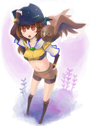  animal_on_shoulder bird bird_on_shoulder black_hat black_wings blush breasts brown_gloves brown_hair brown_legwear brown_shirt brown_shorts brown_skirt commentary_request crop_top cropped_jacket deviruchi_hat elbow_gloves eon_(greencastle) falcon female fingerless_gloves full_body gloves hat head_wings hunter_(ragnarok_online) jacket kneehighs long_hair looking_at_viewer medium_breasts midriff miniskirt navel open_mouth ragnarok_online red_eyes shirt short_shorts shorts shorts_under_skirt skirt socks solo white_jacket wings 