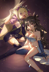  2girls \||/ anklet armlet asymmetrical_legwear asymmetrical_sleeves bare_shoulders between_breasts black_dress black_hair black_thighhighs blonde_hair blue_thighhighs breasts bridal_gauntlets cape chinese_commentary closed_mouth commentary detached_collar dress earrings ereshkigal_(fate) fate/grand_order fate_(series) glint highres hoop_earrings infinity_symbol ishtar_(fate) jewelry light_particles long_hair long_legs long_sleeves looking_at_viewer multiple_girls navel neck_ring parted_bangs pink_eyes qie red_cape red_eyes revision short_dress siblings single_bridal_gauntlet single_sleeve single_thighhigh sisters sitting skull spine thighhighs tiara two_side_up 