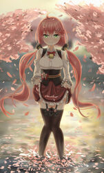  absurdres ahoge asakura_(asa_t77) bell black_thighhighs blurry blurry_background blush breasts cherry_blossoms clothes_lift commentary detached_sleeves female garter_straps green_eyes grimace hair_between_eyes hair_ornament hairclip highres hololive knees_together_feet_apart large_breasts lifting_own_clothes long_hair looking_at_viewer low_twintails neck_bell neck_ribbon official_alternate_costume outdoors petals petals_on_liquid pink_hair plaid plaid_skirt red_ribbon ribbon sakura_miko sakura_miko_(casual) skirt skirt_basket skirt_lift solo thighhighs twintails underbust very_long_hair virtual_youtuber wading 