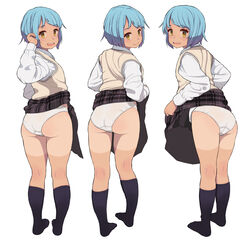  :d ass back black_socks blue_hair blush clothes_around_waist commentary_request dark_skin female from_behind highres kneehighs kneepits multiple_views neyuki_rei open_mouth original panties pleated_skirt reference_sheet school_uniform short_hair skirt smile socks standing sweater_vest tan tanlines teeth underwear upper_teeth_only white_panties yellow_eyes 