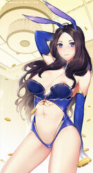  7t absurdres animal_ears areola_slip arm_behind_head arm_up black_hair blue_gloves blue_hairband blue_leotard breasts clothing_cutout commentary_request cowboy_shot detached_collar elbow_gloves fake_animal_ears fate/grand_order fate_(series) female forehead gloves hairband highleg highleg_leotard highres large_breasts leonardo_da_vinci_(fate) leotard long_hair navel navel_cutout parted_bangs photoshop_(medium) playboy_bunny rabbit_ears solo strapless strapless_leotard 