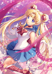  absurdres back_bow bad_id bad_pixiv_id bishoujo_senshi_sailor_moon bishoujo_senshi_sailor_moon_(first_season) blonde_hair blue_eyes blue_skirt boots bow bowtie brooch choker circlet closed_mouth cowboy_shot crescent crescent_choker crescent_earrings double_bun earrings elbow_gloves female gloves hair_bun hair_ornament hairpin highres holding holding_wand jewelry knee_boots long_hair maboroshi_no_ginzuishou magical_girl moon_stick_(sailor_moon) parted_bangs photoshop_(medium) pink_ribbon pleated_skirt purple_background red_bow red_bowtie red_choker red_footwear ribbon sailor_moon sailor_senshi_uniform skirt smile solo standing standing_on_one_leg takase_kou transformation_brooch_(sailor_moon) tsukino_usagi twintails wand white_gloves 