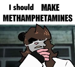  2022 american_opossum anthro atomic_cat black_body black_ears black_fur brown_hair clothed clothing coat covered_eyes english_text eyewear female fully_clothed fur glasses grey_body grey_fur hair jetstream_sam konami lab_coat lol_comments mammal marsupial meme messy_hair metal_gear metal_gear_rising:_revengeance obscured_eyes pink_nose platinumgames reaction_image rebeca_garcia scientist solo text thinking topwear trans_(lore) trans_woman_(lore) virginia_opossum 