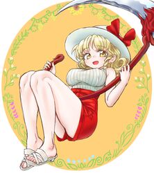  :d bare_legs bare_shoulders blonde_hair bow breasts commentary_request drill_hair drill_sidelocks elly_(touhou) female floral_background full_body hat hat_bow high_heels highres holding holding_scythe large_breasts legs legs_folded looking_at_viewer nail_polish open_mouth oval_background red_bow red_nails red_shorts ribbed_sweater s-a-murai sandals scythe shirt shorts sidelocks simple_background sleeveless sleeveless_sweater smile solo sun_hat sweater toenail_polish toenails toes touhou touhou_(pc-98) white_footwear white_hat white_shirt white_sweater yellow_eyes 