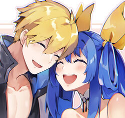  1boy :d ^_^ blonde_hair blue_hair blush close-up closed_eyes collarbone commentary_request couple detached_collar dizzy_(guilty_gear) face-to-face female guilty_gear guilty_gear_strive guilty_gear_xrd hair_ribbon hair_rings husband_and_wife ky_kiske open_mouth ribbon rirene_rn smile straight twintails yellow_ribbon 