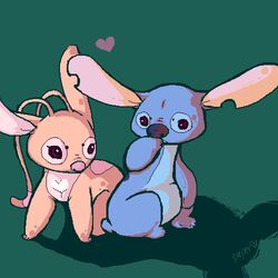  1:1 2010 aliasing alien all_fours angel_(lilo_and_stitch) antennae_(anatomy) back_markings blue_body blue_eyes blue_nose canon_couple chest_markings digital_media_(artwork) disney duo experiment_(lilo_and_stitch) green_background heart_symbol lilo_and_stitch low_res markings multicolored_antennae notched_ear paper-cities pink_body simple_background small_tail stitch_(lilo_and_stitch) tail two_tone_antennae white_markings 