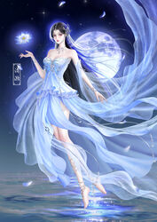  absurdres anklet artist_request bare_legs barefoot black_hair blue_dress closed_mouth detached_sleeves dress female floating floating_object flower full_body full_moon glowing_flower highres jewelry long_hair lotus moon necklace second-party_source solo wanmei_shijie water yue_chan_(wanmei_shijie) 