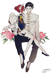  1boy akaashi_keiji alternate_costume alternate_hairstyle apron bare_legs bird black_hair black_pants blush bun_cover china_dress chinese_clothes double_bun dress female flats flower full_body gaiwan haikyuu!! hair_bun headdress holding holding_saucer long_sleeves looking_at_another owl pants peony_(flower) pink_flower red_hair saucer shirofuku_yukie shoes short_dress short_hair side_slit sitting sitting_on_person straight tangzhuang white_apron yasai_(getsu) 