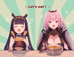  2girls absurdres black_gloves black_nails bowl breasts cape choker chopsticks cleavage closed_eyes commentary_request elbow_gloves english_text fingernails flat_chest food food_wrapper fur-trimmed_choker fur_trim gloves highres holding holding_bowl holding_chopsticks holding_food hololive hololive_english huge_breasts instant_noodle_block instant_ramen juse_(simasmasi) long_hair mori_calliope mori_calliope_(1st_costume) multiple_girls nail_polish ninomae_ina&#039;nis ninomae_ina&#039;nis_(1st_costume) noodles open_mouth pack_noodles pink_hair plate pointy_ears protected_link purple_hair ramen red_eyes shoulder_spikes sidelocks sitting sparkle spikes sunburst sunburst_background table tentacle_hair tiara veil very_long_hair virtual_youtuber 