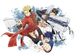  4boys black_gloves black_hair blonde_hair blue_eyes blue_hair brown_gloves clenched_hand coat creator_connection cross earrings glasses gloves gun hand_up handgun index_finger_raised jewelry kekkai_sensen klaus_von_reinhertz leonardo_watch long_coat long_sleeves macchi_(nijiiruka) male_focus manly multicolored_hair multiple_boys mutton_chops necktie nicholas_d._wolfwood partially_fingerless_gloves red_coat red_hair revolver sideburns simple_background single_glove sunglasses trigun tusks two-tone_hair vash_the_stampede weapon 