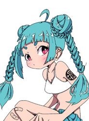  ahoge aqua_hair aqua_shorts arm_tattoo bandaid bandaid_on_knee bandaid_on_leg blunt_bangs blush bra braid breasts closed_mouth double_bun female from_side hair_bun highres looking_at_viewer looking_to_the_side nao97122 navel no_shirt original pink_eyes shorts sidelocks simple_background sitting small_breasts solo tattoo twin_braids underwear upper_body white_background white_bra 