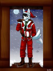  angel_wolf_(angel_generations) anthro black_clothing black_hair black_shirt black_topwear blizzard_(weather) boots box brown_boots brown_clothing brown_eyes brown_footwear brown_gloves brown_handwear canid canine canis christmas christmas_clothing christmas_headwear clothing container costume dire_wolf door extinct footsteps footwear full_moon fur gift_box gift_wrapped gloves green_scarf hair handwear hat headgear headwear holidays kiwifox_(artist) male mammal moon night prehistoric_species red_clothing red_ribbon red_suit santa_costume santa_hat scarf shirt slim snow solo suit tail tail_motion tailwag topwear white_body white_fur winter wolf wood wood_door 