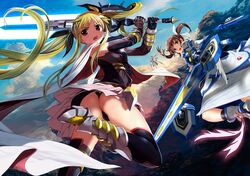  3girls ankle_wings armored_boots armored_gloves ass bardiche_(nanoha) bardiche_(straight_saber_form)_(nanoha) belt beret black_gloves black_thighhighs black_wings blonde_hair book boots breasts brown_eyes brown_hair cape cloud detached_sleeves energy_sword fate_testarossa fate_testarossa_(blaze_form_ii) fingerless_gloves floating fortress_(nanoha) gauntlets gloves hair_ribbon hat holding holding_sword holding_weapon juliet_sleeves long_hair long_sleeves looking_back lyrical_nanoha magical_girl mahou_shoujo_lyrical_nanoha mahou_shoujo_lyrical_nanoha_reflection mikazuki_akira! multiple_girls multiple_wings open_mouth parted_bangs puffy_sleeves ribbon schwertkreuz short_hair short_twintails showgirl_skirt sidelocks skirt sky small_breasts staff strike_cannon sword takamachi_nanoha takamachi_nanoha_(fortress_mode) thighhighs tome_of_the_night_sky twintails very_long_hair weapon white_cape white_skirt winged_footwear wings yagami_hayate 