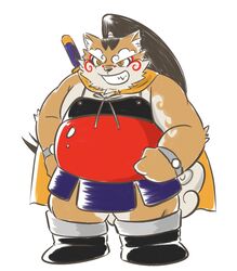  2021 anthro armor brown_body brown_fur felid feline fur hi_res kemono male mammal mind_drive mizuse_higomaru nomi_no_sukune overweight overweight_anthro overweight_male sengoku_puzzle simple_background solo white_background 