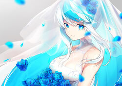  bare_shoulders blue_eyes blue_flower blue_hair blue_rose blurry bouquet breasts bridal_veil cleavage depth_of_field dress eureka_iris female flower grey_background hair_flower hair_ornament kagachi_saku large_breasts liver_city long_hair looking_at_viewer multicolored_hair petals rose see-through sidelocks simple_background sleeveless sleeveless_dress smile solo symbol-shaped_pupils two-tone_hair upper_body veil virtual_youtuber wedding_dress white_dress white_hair 