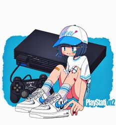  bandaid bandaid_on_cheek bandaid_on_face bandaid_on_knee bandaid_on_leg baseball_cap blue_background blue_eyes blue_hair blue_shorts blunt_bangs bob_cut breasts colored_inner_hair dark_blue_hair denim denim_shorts female game_console hat highres knees_up multicolored_hair nao97122 nike_(company) original outside_border parted_lips pink_hair playstation_2 playstation_controller product_placement ribbed_socks shirt shirt_tucked_in shoes short_hair short_shorts short_sleeves shorts sitting small_breasts sneakers socks solo white_background white_footwear white_hat white_shirt white_socks 