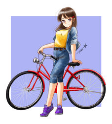  belt bicycle brown_hair chutohampa denim female full_body jeans long_hair looking_at_viewer original pants purple_background purple_footwear shirt shirt_tucked_in shoes signature smile solo standing yellow_shirt 