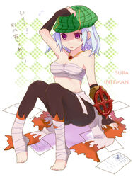  bad_feet black_gloves black_pants blush breasts cleavage clothes_around_waist commentary_request eon_(greencastle) female fingerless_gloves flame_print flat_cap foot_wraps full_body gauntlets gloves green_hat hat jewelry medium_breasts necklace open_mouth pants paper plaid_headwear purple_eyes ragnarok_online sarashi shirt shirt_around_waist short_hair solo sura_(ragnarok_online) translation_request white_hair white_shirt 