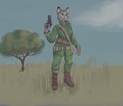  anthro army blue_eyes brown_body brown_fur domestic_cat felid feline felis female fur grass gun hi_res mackmcstacks mammal military plant ranged_weapon solo tree weapon white_body white_fur 