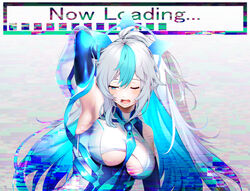  absurdres arm_behind_head arm_up armpits bad_id bad_pixiv_id between_breasts blue_eyes blue_hair breasts clothing_cutout eureka_iris female glitch highres katsuya_228 liver_city loading_screen long_hair looking_down medium_breasts multicolored_hair necktie open_mouth ponytail sleeveless solo two-tone_hair underboob underboob_cutout upper_body very_long_hair virtual_youtuber white_hair 