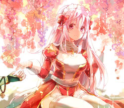  1boy beads black_gloves blush bow breasts closed_mouth commentary cowboy_shot cross dress eon_(greencastle) female fingerless_gloves flower garter_straps gloves hair_between_eyes hairband high_priest_(ragnarok_online) juliet_sleeves lace-trimmed_legwear lace_trim large_breasts long_hair long_sleeves looking_at_viewer monk_(ragnarok_online) no_panties out_of_frame pink_eyes pink_flower pink_hair pointy_ears prayer_beads puffy_sleeves ragnarok_online red_dress sash smile solo_focus thighhighs two-tone_dress waist_bow white_bow white_dress white_hairband white_sash white_thighhighs 