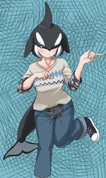  alternate_costume black_hair brown_eyes casual cetacean_tail closed_mouth collarbone contemporary dorsal_fin female fins fish_tail foot_up hair_over_one_eye hands_up head_fins highres kemono_friends kyonin_dofu medium_hair multicolored_hair orca_(kemono_friends) pants pointing shoes smile solo standing standing_on_one_leg sweater tail two-tone_hair white_hair 