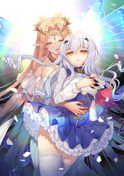  2girls :d absurdres aurora_(fate) bare_shoulders blonde_hair blood blood_on_face blood_on_hands blue_skirt braid breasts butterfly_wings closed_eyes fate/grand_order fate_(series) fingernails flower forked_eyebrows frilled_skirt frills hair_flower hair_ornament hairclip headpiece highres insect_wings long_hair long_sleeves may_(2747513627) medium_breasts melusine_(fate) melusine_(second_ascension)_(fate) multiple_girls open_mouth parted_bangs parted_lips petals pleated_skirt pointy_ears puffy_long_sleeves puffy_sleeves sharp_fingernails shirt skirt smile thighhighs very_long_hair white_hair white_legwear white_shirt wings yellow_flower 