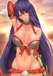  arm_behind_head arm_up armpits backlighting bare_shoulders bikini blue_eyes blunt_bangs blush breasts choker cleavage collarbone cross cross_choker earrings fate/grand_order fate_(series) female frilled_bikini frills gauntlets gloves highres jewelry large_breasts long_hair looking_at_viewer martha_(fate) martha_(swimsuit_ruler)_(fate) navel open_mouth orange_sky purple_hair red_gloves sky smile solo straight_hair sunset swimsuit tiri_man 