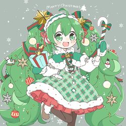  :d ahoge black_legwear blush bow bowtie candy candy_cane capelet christmas christmas_ornaments commentary cowboy_shot dress earmuffs eighth_note female food frilled_dress frills fur-trimmed_capelet fur-trimmed_dress fur-trimmed_footwear fur-trimmed_hairband fur_trim gift green_background green_bow green_bowtie green_capelet green_dress green_eyes green_theme hairband hatsune_miku holding holding_candy holding_candy_cane holding_food holding_gift horse leg_up long_hair looking_at_viewer merry_christmas musical_note najo open_mouth plaid plaid_dress pocket smile snowflakes snowman solo standing standing_on_one_leg twintails very_long_hair vocaloid 