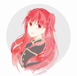  1q77 chromatic_aberration chtholly_nota_seniorious female hair_between_eyes jacket long_hair looking_at_viewer parted_lips red_eyes red_hair shuumatsu_nani_shitemasu_ka? simple_background solo two_side_up uniform upper_body 