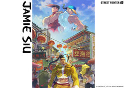  antenna_hair black_hair box box_on_head braid braided_ponytail brothers cardboard_box character_name chinese_clothes commentary_request cousins crop_top crowd hat highres jamie_siu lantern midriff navel official_art paper_lantern road siblings street street_fighter street_fighter_6 street_fighter_iii_(series) takayuki_nakayama twins walking yang_lee yun_lee 