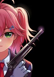  absurdres ahoge alternate_costume black_background closed_mouth collar commentary_request dyx217 female formal gloves green_eyes gun hair_ornament hairclip handgun highres hitman_(game) holding holding_gun holding_weapon hololive lips looking_at_viewer medium_hair necktie one_side_up pink_hair red_necktie sakura_miko solo suit virtual_youtuber weapon white_collar white_gloves 