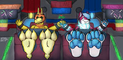  absurd_res avian bird canid canine canis duo feet foot_focus hand_holding hi_res male male/male mammal nervous_smile paws portal restraints soles staring_into_eyes stocks talons toes viraxe wolf wolftical wolftical_(artist) 