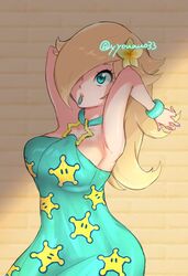  blonde_hair blue_eyes blush breasts crown dress earrings female hair_over_one_eye highres jewelry long_hair looking_at_viewer mario_(series) mario_kart mario_kart_tour official_alternate_costume ponytail protected_link rosalina rosalina_(swimwear) smile solo star_(symbol) super_mario_galaxy swimsuit 