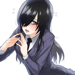  bags_under_eyes black_hair blazer blush byackopath_(artist) commentary_request female flying_sweatdrops grey_eyes grey_jacket hair_over_one_eye hitomi_tomoko_(satsuki) jacket jimiko long_hair long_sleeves looking_at_viewer necktie open_mouth original school_uniform shy simple_background solo white_background 