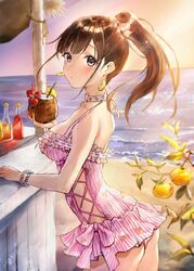  :o ass bare_shoulders beach blush bottle bow bracelet breasts brown_hair casual_one-piece_swimsuit choker clothing_cutout coconut commentary cowboy_shot cross-laced_clothes cross-laced_cutout cross-laced_one-piece_swimsuit cup drinking_straw earrings evening female flower frilled_one-piece_swimsuit frills from_side fruit_cup gradient_sky hairbow heart heart_choker hibiscus holding holding_cup horizon idolmaster idolmaster_shiny_colors jewelry light_rays long_hair looking_at_viewer looking_to_the_side medium_breasts ocean one-piece_swimsuit outdoors parted_lips pink_bow ponytail red_eyes side_cutout sky solo sonoda_chiyoko striped_clothes striped_one-piece_swimsuit sunbeam sunlight swimsuit takeashiro vertical-striped_clothes vertical-striped_one-piece_swimsuit water white_choker 