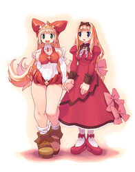  2girls arm_behind_back blonde_hair blue_eyes boots bow brooch brown_footwear crea_rosenqueen dress dress_bow earrings flipped_hair green_eyes hairband hat holding_hands jewelry juliet_sleeves kururu_(little_princess) little_princess long_dress long_hair long_sleeves looking_at_viewer low-tied_long_hair marl_kingdom multiple_girls non-web_source official_art open_mouth puffy_sleeves red_dress red_footwear ryoji_(nomura_ryouji) side-by-side sleeve_cuffs standing strappy_heels very_long_hair 