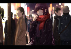  black_coat blush city_lights coat female frown girls&#039;_frontline highres letterboxed long_hair long_sleeves looking_at_viewer night official_alternate_costume open_clothes open_coat outdoors plaid plaid_skirt pleated_skirt purple_hair red_eyes red_scarf road scarf selcky skirt sky solo standing street wa2000_(date_in_the_snow)_(girls&#039;_frontline) wa2000_(girls&#039;_frontline) winter winter_clothes 