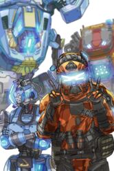  1boy blue_eyes crossed_arms double_v explosive extra_eyes female glowing glowing_eyes grenade highres humanoid_robot kotone_a legion_(titanfall_2) looking_at_viewer looking_down looking_to_the_side mecha northstar_(titanfall) pouch science_fiction simulacrum_(titanfall) titanfall_(series) titanfall_2 v visor 