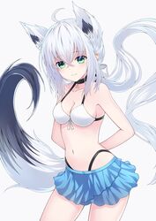  ahoge animal_ear_fluff animal_ears arms_behind_back azur_lane bare_arms bare_shoulders bikini bikini_skirt black_choker blush braid breasts choker cleavage closed_mouth collarbone commentary_request female fox_ears fox_girl fox_tail green_eyes grey_background hair_between_eyes hajika highleg highleg_bikini highres hololive long_hair looking_at_viewer medium_breasts navel shirakami_fubuki shirakami_fubuki_(beachside_fox) simple_background smile solo swimsuit tail very_long_hair virtual_youtuber white_bikini white_hair 