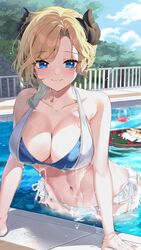  bangs banned_artist bikini black_horns blonde_hair blue_eyes blue_sky breasts closed_mouth cloud copyright_request cup day drinking_glass female highres horns large_breasts looking_at_viewer multicolored_bikini multicolored_clothes outdoors parted_bangs pool sake_dong second-party_source short_hair sky smile solo swimsuit virtual_youtuber water wet white_bikini wine_glass 