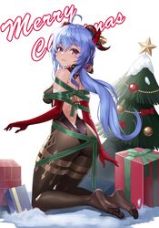  absurdres ahoge ass back backless_outfit bell black_legwear blue_hair blush bodystocking bound bow box breasts christmas christmas_ornaments christmas_tree commentary curled_horns elbow_gloves feet female from_behind full_body ganyu_(genshin_impact) genshin_impact gift gift_box gloves gold_trim green_ribbons hair_ornament highres horn_bell horn_bow horn_ornament horns karmiel kneeling leotard long_hair looking_at_viewer looking_back low_ponytail medium_breasts merry_christmas multicolored_eyes no_shoes purple_eyes red_bow red_gloves ribbon ribbon_bondage sidelocks smile soles solo thighlet very_long_hair 