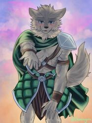  abs anthro armor athletic athletic_anthro athletic_male blush canid canine canis cheek_tuft cloak clothing cloud cloudy_sky facial_tuft fangs far_beyond_the_world_(series) fluffy fluffy_tail green_eyes head_tuft hi_res male mammal neck_tuft offering_hand okaminoyoru ranok_(far_beyond_the_world) simple_background sky smile smiling_at_viewer solo tail teeth tuft wolf 