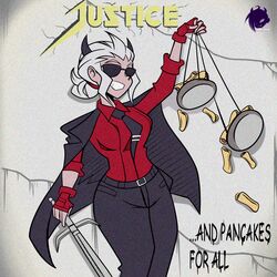  ...and_justice_for_all absurdres album_cover album_cover_redraw belt black_horns blind cover crossover demon_girl demon_horns derivative_work english_text female fingerless_gloves food frank_araya gloves heavy_metal helltaker highres holding holding_weapon horns jacket jacket_on_shoulders justice_(helltaker) metallica pancake parody red_gloves red_shirt shirt sunglasses sword tie_clip weapon 