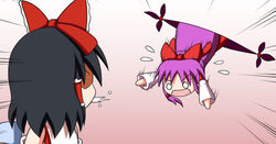  2girls black_hair bow chibi commentary_request commission detached_sleeves dual_persona emphasis_lines falling flying_sweatdrops gap_(touhou) hair_tubes hairbow hakurei_reimu hakurei_reimu_(pc-98) long_hair looking_at_another motion_lines multiple_girls o_o pink_background pixiv_commission purple_hair rakugaki-biyori short_hair sidelocks simple_background spit_take spitting touhou touhou_(pc-98) very_long_hair 