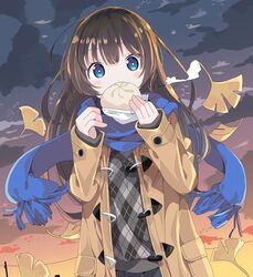  baozi black_skirt blue_eyes blue_scarf blush brown_coat brown_hair cloud cloudy_sky coat commentary_request covered_mouth duffel_coat female food fringe_trim ginkgo_leaf grey_sweater hair_between_eyes hands_up highres holding holding_food leaf long_hair long_sleeves md5_mismatch open_clothes open_coat original outdoors plaid plaid_sweater pleated_skirt scarf skirt sky sleeves_past_wrists solo sunset sweater tantan_men_(dragon) very_long_hair 