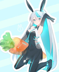  animal_ears arm_up armpits between_breasts black_dress black_gloves black_legwear blue_background blue_eyes blue_hair breasts closed_mouth collared_dress commentary_request dress elbow_gloves eureka_iris fake_animal_ears female gloves highres holding inflatable_carrot inflatable_toy kneeling liver_city long_hair looking_at_viewer medium_breasts multicolored_hair necktie ponytail rabbit_ears see-through sleeveless sleeveless_dress solo transparent two-tone_hair tym_taro very_long_hair virtual_youtuber white_hair wing_collar 