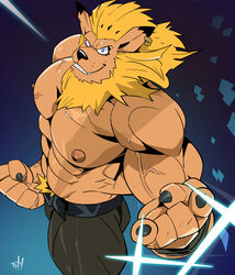  2021 abs anthro bandai_namco barazoku biceps big_muscles big_pecs bottomwear claws clothing digimon digimon_(species) ear_piercing felid feline hi_res huge_muscles huge_pecs leomon lion looking_at_viewer maine male mammal muscular muscular_anthro muscular_male nipples pantherine pants pecs piercing scar solo teeth thymilph vein 